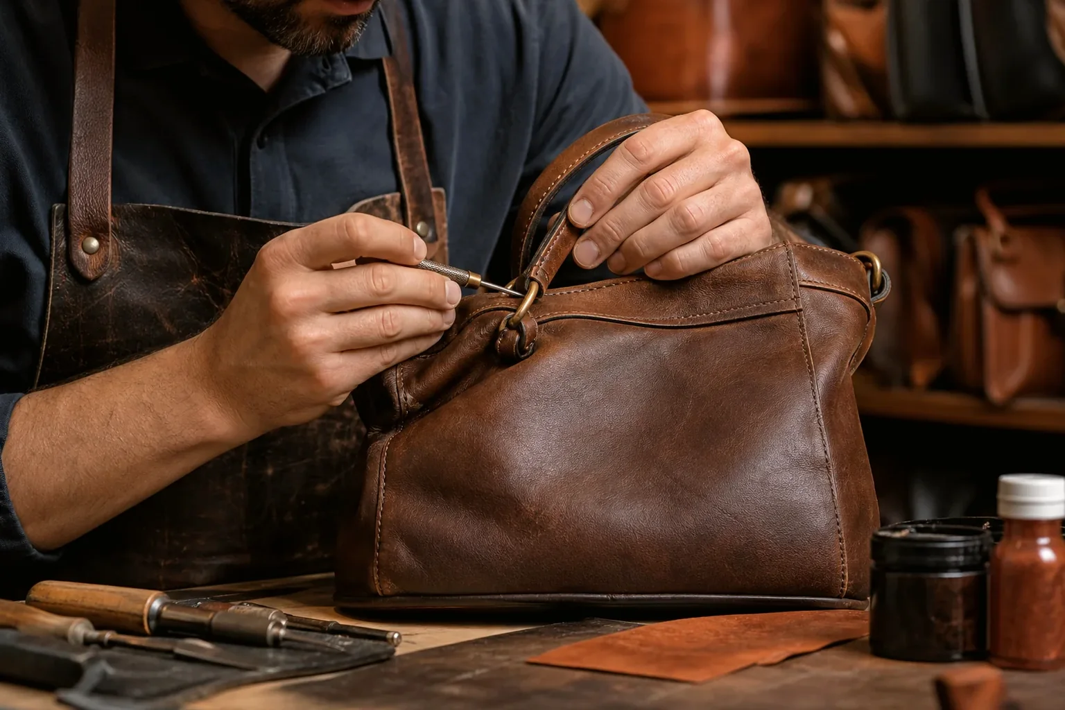 Sapateiro reformando bolsa de couro em Belford Roxo.
